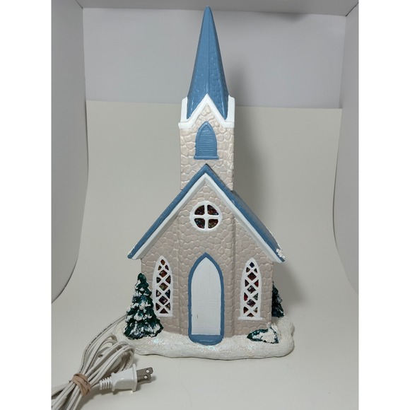 Vintage Ceramic Light Up winter Church Village Blue Steeple Stained Glass Look - Picture 11 of 16